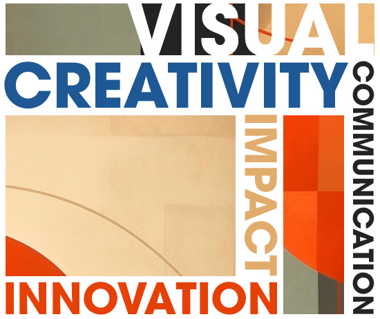 The words Creativity, Communication, Innovation, Visual, Impact spread out creatively.