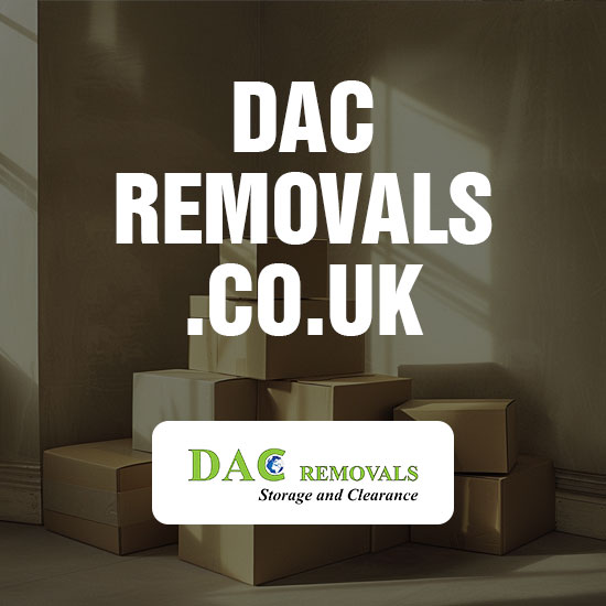 DAC removals logo with cardboard boxes in the background